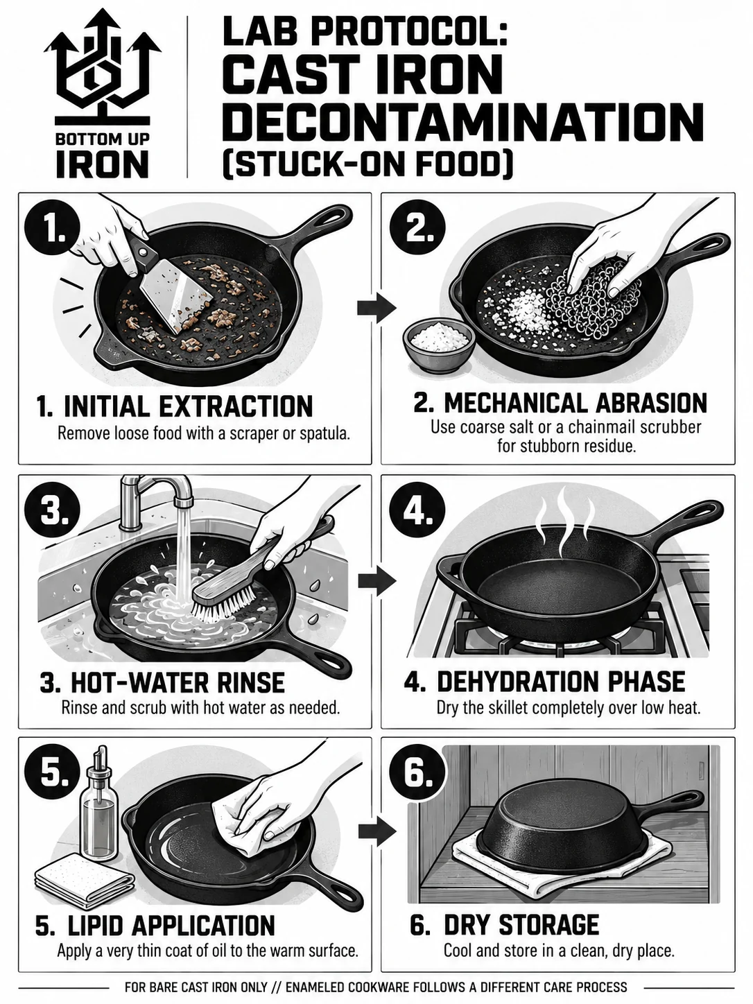 Six illustrated stages for removing stuck-on food from bare cast iron: scrape debris, scrub residue, rinse, dry on low heat, apply a thin oil coat, and store dry